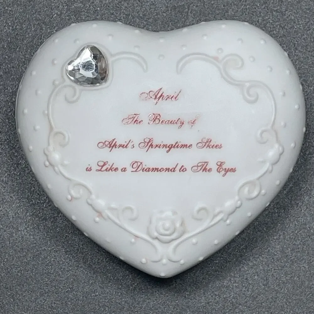 Vtg April's Springtime Skies Porcelain White Heart-Shaped Trinket Box Embossed